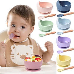 Microwave Safe Silicone Non-Slip Bowl With Wooden Handle Spoon Two-Piece Set for Children's